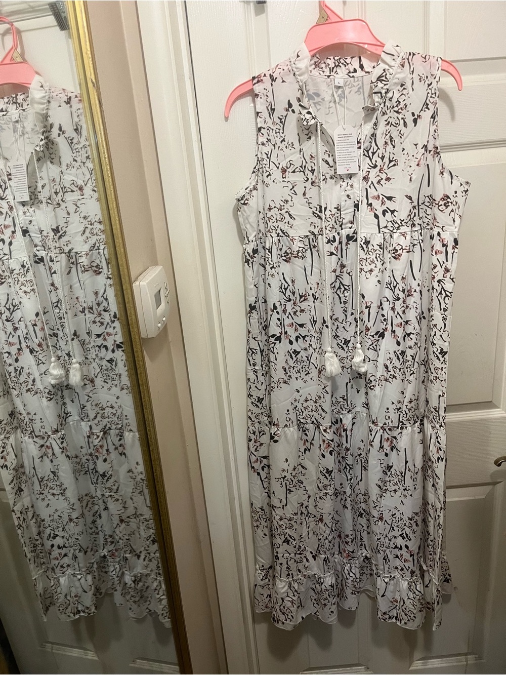 Amazon White Sleeveless Floral Midi Dress with Tassel Tie